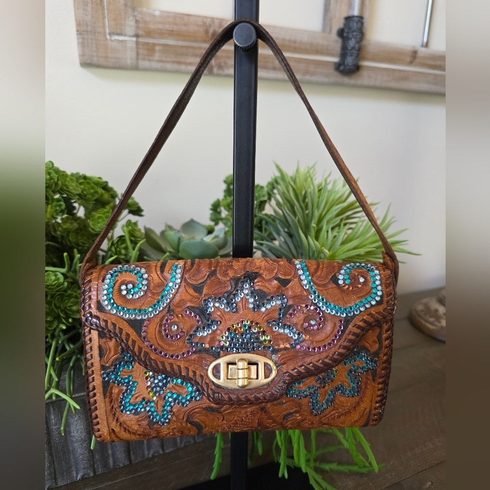 Rare Roth And Madge Handtooled Leather Swarovski Crystal Bag- Collectable OOAK